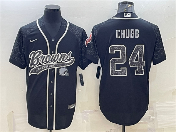 Men's Cleveland Browns #24 Nick Chubb Black Reflective With Patch Cool Base Stitched Baseball Jersey